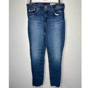 AG Medium Dark Wash The Prima Ankle Cigarette Leg Raw Hem Jeans 30